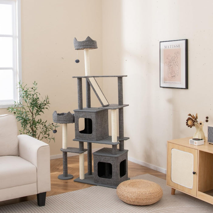 180 cm albero per gatti con torre multi-livello e posti per grattare, Mobili con 2 condomini rimovibili e palle pendenti-Alberi Tiragraffi