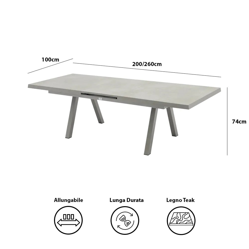 Tempo Style - Tavolo da pranzo allungabile Buda | Tavolo da pranzo per esterni grigio 200/260 x 100 x 74cm | Tavolo allungabile in alluminio e top ceramica, resistente alle intemperie