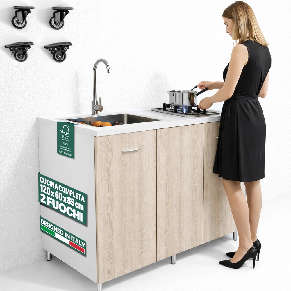 Cucina Completa 120x60cm Olmo Piano Cottura 2 Fuochi Lavello con Rubinetteria