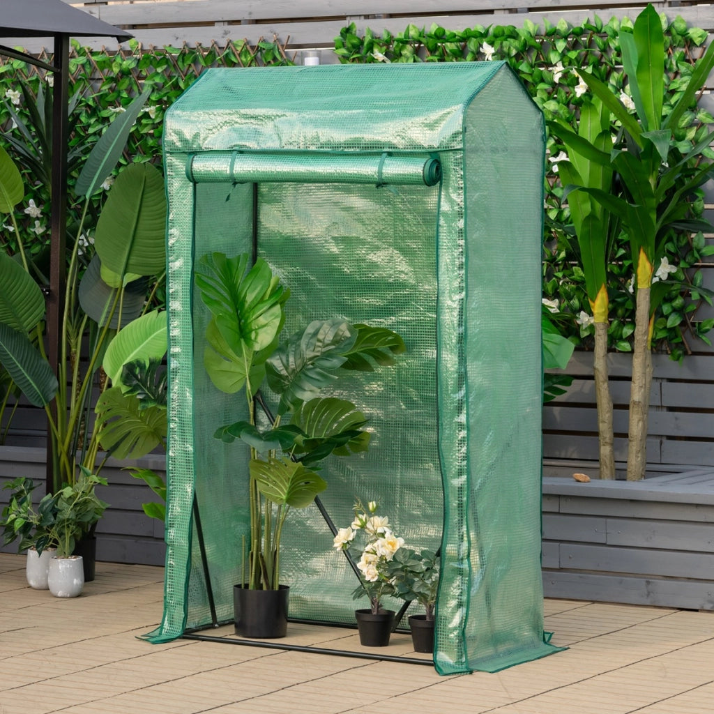 Serra da giardino accessibile con struttura in acciaio, Serra portatile con porta a cerniera copertura PE Verde-Serre da giardino