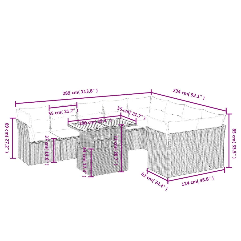 Set Divano da Giardino 10 pz con Cuscini Grigio in Polyrattan