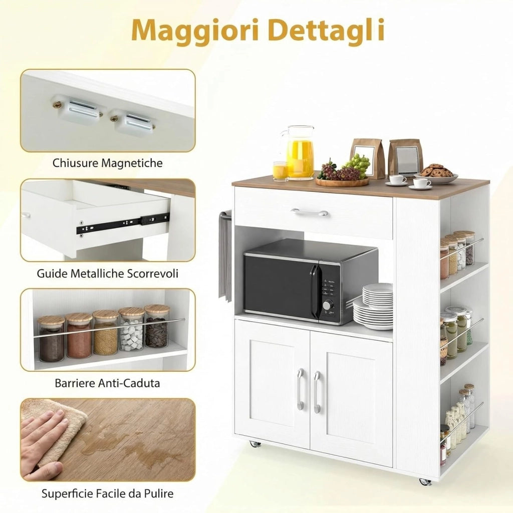 Carrello da Cucina con Ruote, Isola da Cucina con 3 Portaspezie 1 Cassetto Armadietto a 2 Porte, Carrello Portaoggetti con Portasciugamani, 82x46x92 cm (Bianco)
