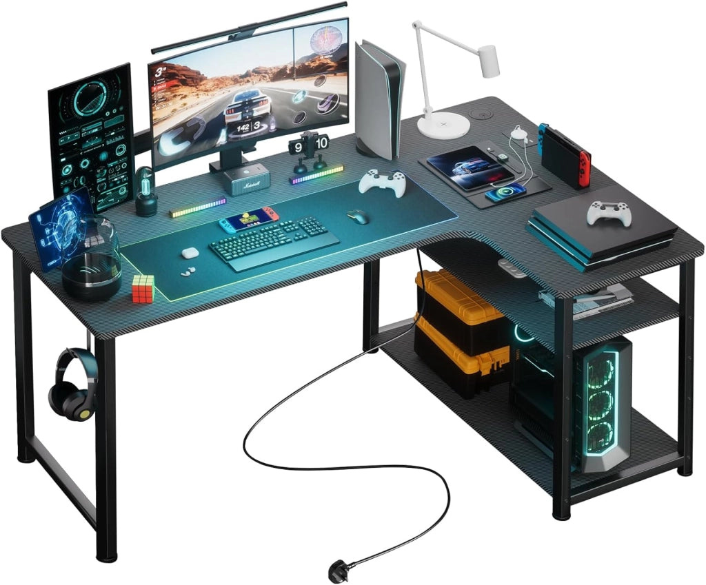Scrivania da gioco a forma di L, scrivania angolare con ripiani portaoggetti, tavolo per computer con porta di ricarica USB e presa di corrente, 120L*80P*74H, per giocare, lavorare