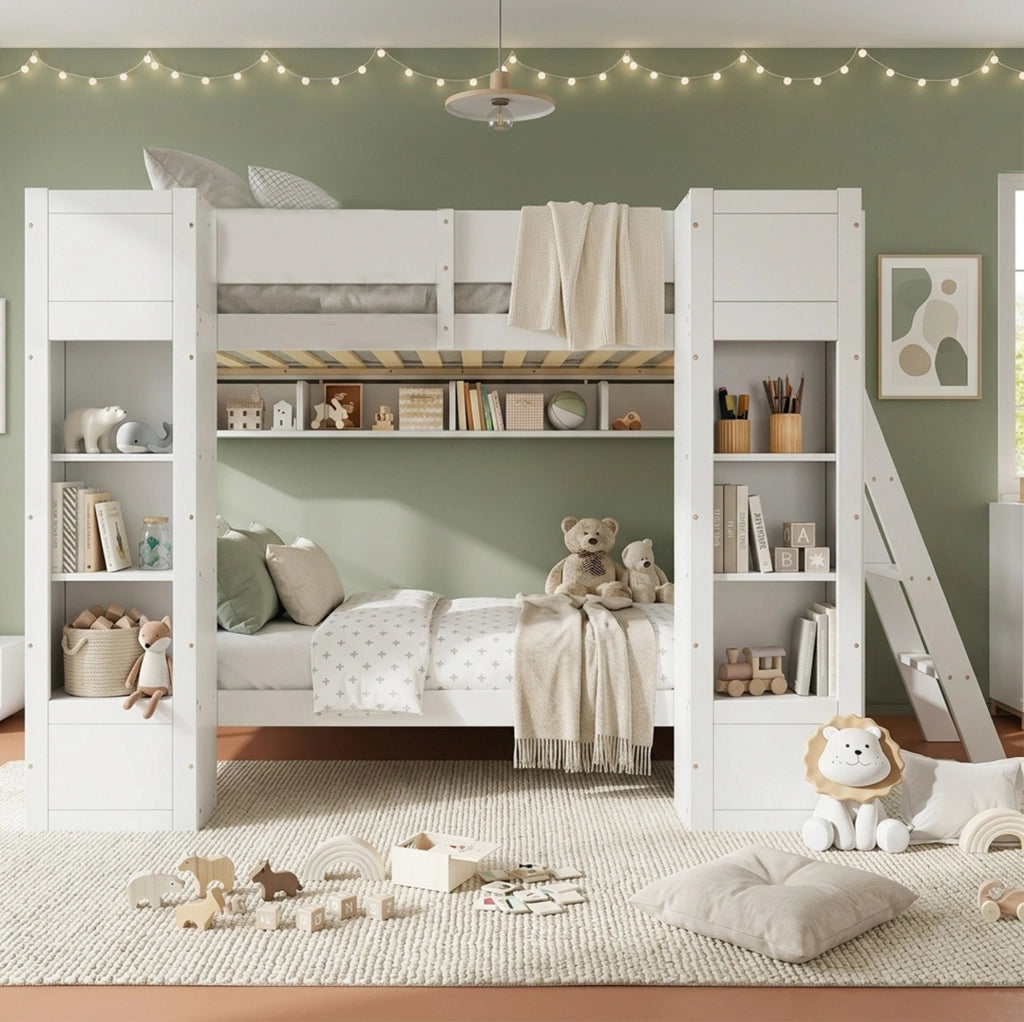 Letto a castello bianco 90x200 cm con 2 armadietti frontali; mensola sospesa e scaletta reversibile