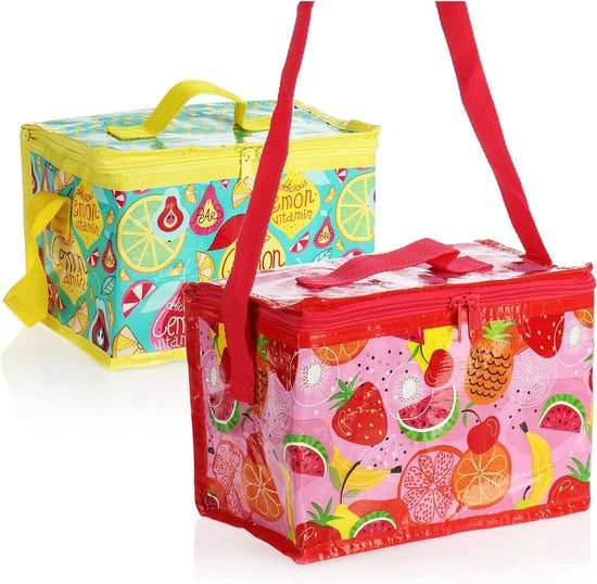 2 x Tas di Cooing Classica - Cooing Tascabile Termico - Picnic, Campeggio, Esterno, Sport (6 Litri, Isolato, Geometrico) [Selezione Variabile] (2 pezzi - Rosso/Giallo)