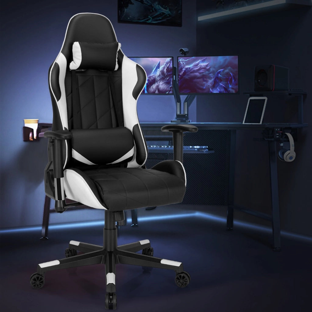 Sedia da gaming girevole a 360¡ã con poggiatesta e cuscino lombare, Sedia ergonomica per computer Nero e bianco