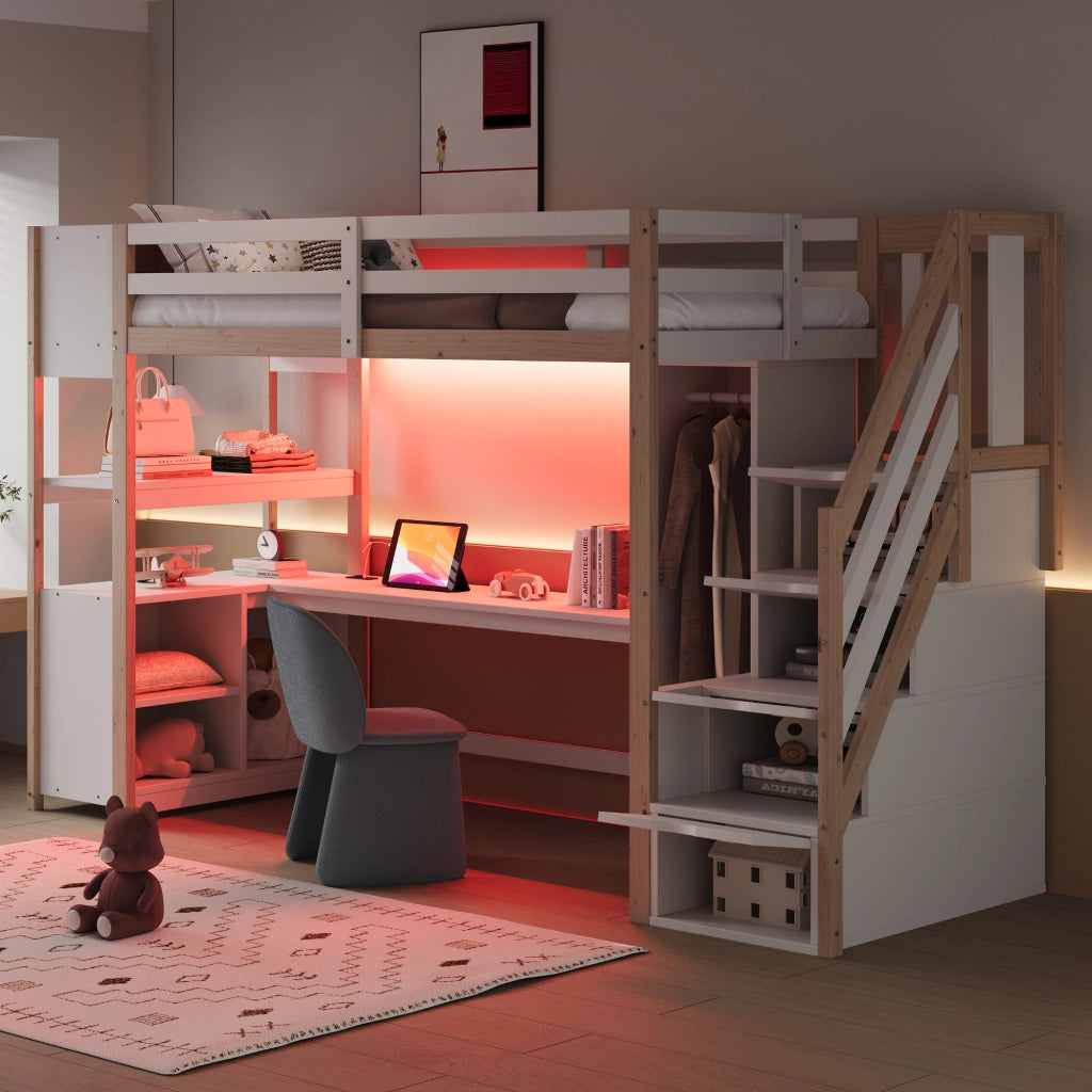 LETTO a soppalco 90x200 cm in legno bianco/naturale con scrivania e armadio