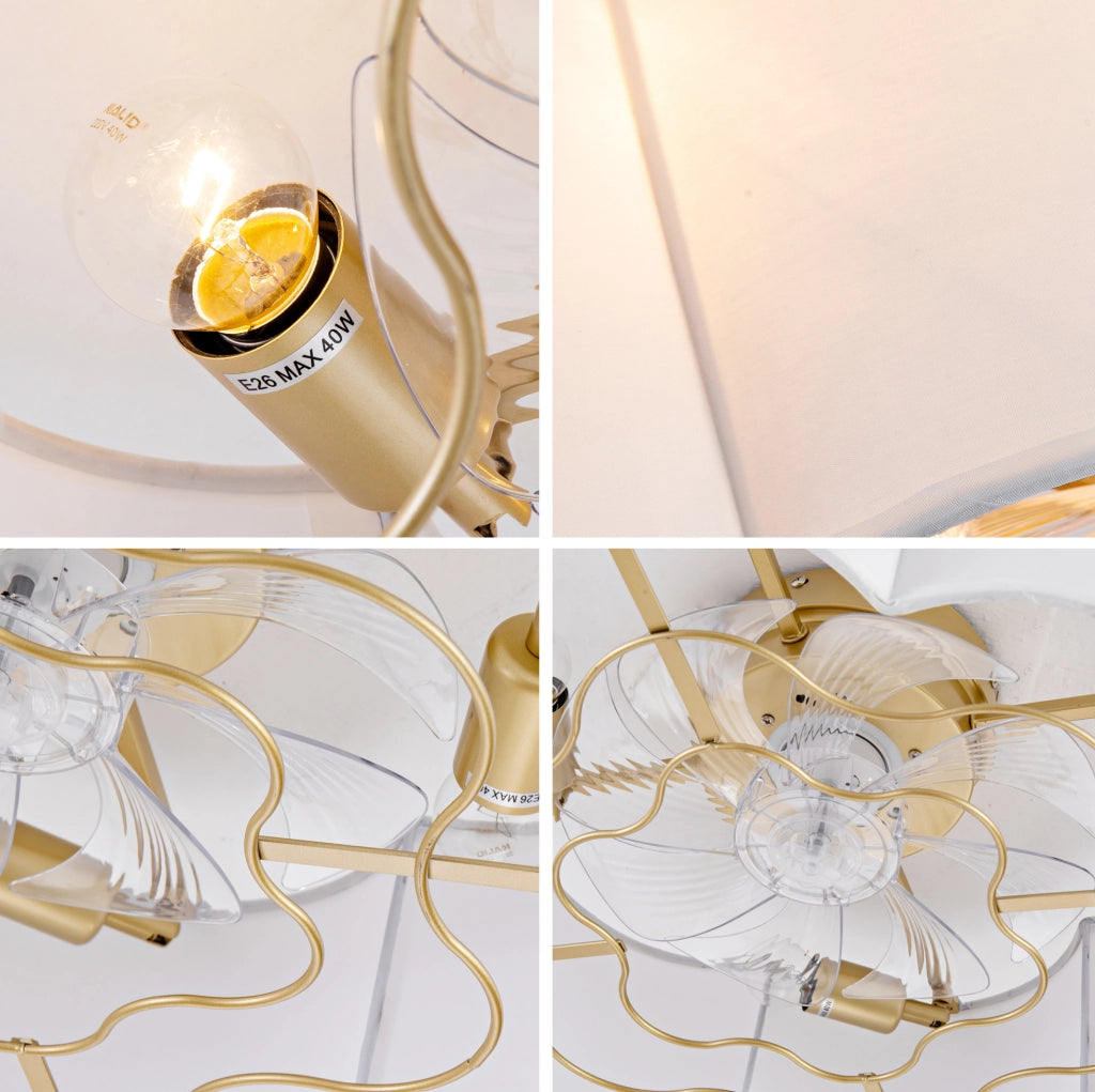 Ventilatore da soffitto con luce, controllo Bluetooth e telecomando, 4 attacchi E26, oro e bianco
