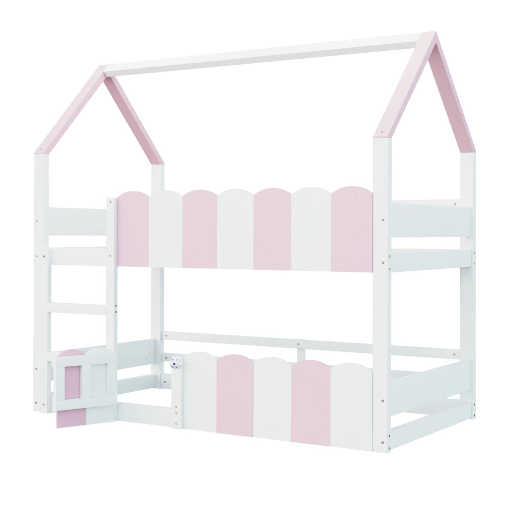 OKWISH Letto a Castello 90×200 cm, Letto Singolo con Design a Casetta, Scala Dritta e Sponde di Sicurezza, senza Materasso, Bianco e Rosa