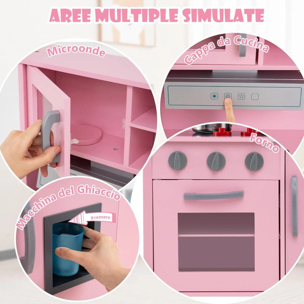 Cucina Giocattolo per Bambini in Legno, Cucina per Bambini con Microonde, Cappa Aspirante, Forno, Macchina del Ghiaccio, Lavello e Rubinetto, Manopole con Suoni, per 3-6 Anni (Rosa)