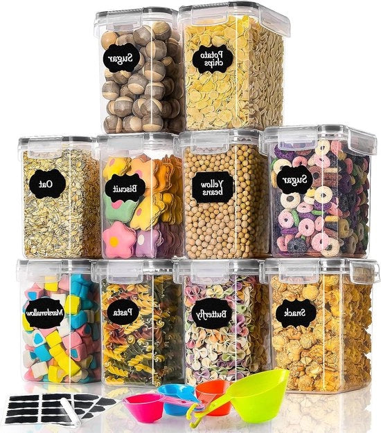 Scatole di Stoccaggio da 10 - Contenitore Plastico Aria Tappata con Coperchio per Pasta Granola Riso Farina - Riciclabile - 1,6L