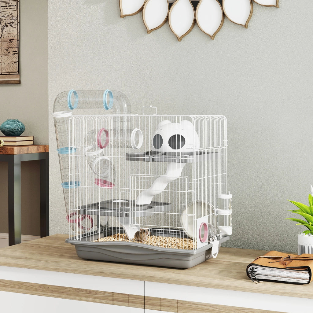 Gabbia per Criceti a 3 Livelli e 14 Tubi con Casetta, Rampa, e Accessori, in Metallo e Plastica, 45x30x45 cm, Grigio