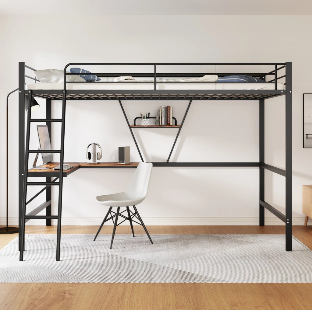 Letto a soppalco 90x200 cm con scrivania a L e scaffale