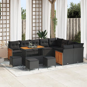 Set Divano da Giardino 13 Pezzi con Cuscini Nero Polirattan Acacia