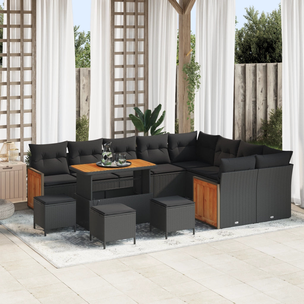 Set Divano da Giardino 13 Pezzi con Cuscini Nero Polirattan Acacia