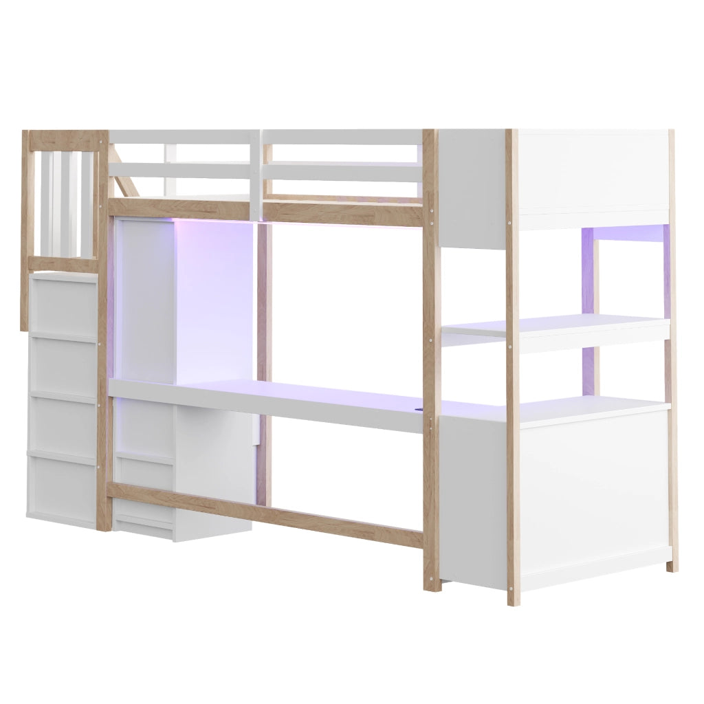 LETTO a soppalco 90x200 cm in legno bianco/naturale con scrivania e armadio