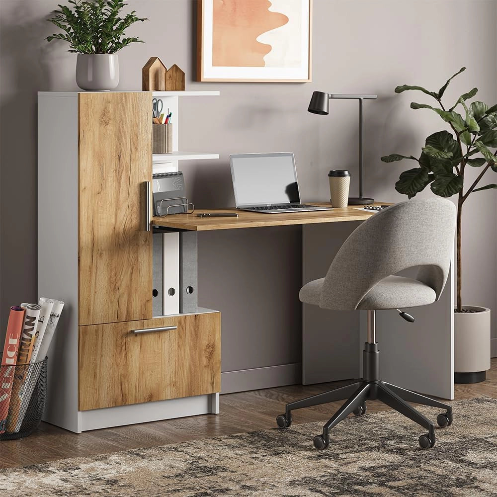 Scrivania Tomy, Rovere bianco/dorato, 150 x 59 cm, con ripiani aperti per una conservazione organizzata