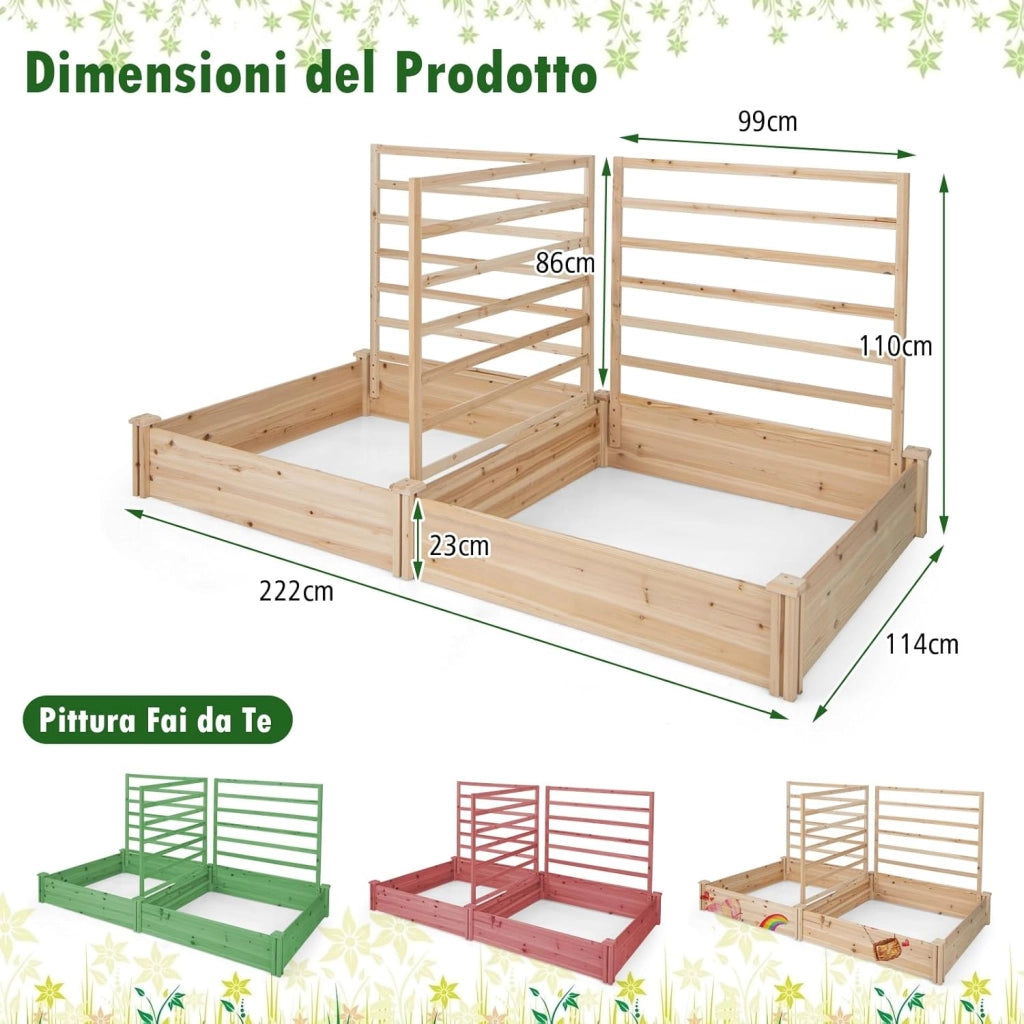 Letto Rialzato da Giardino con 2 Cassoni per Piantare e 3 Tralicci, Aiuola Rialzata da Giardino in Legno per Fiori, Erbe, Verdure, Frutta e Viti Rampicanti, 222 cm x 114 cm x 110 cm (Naturale)