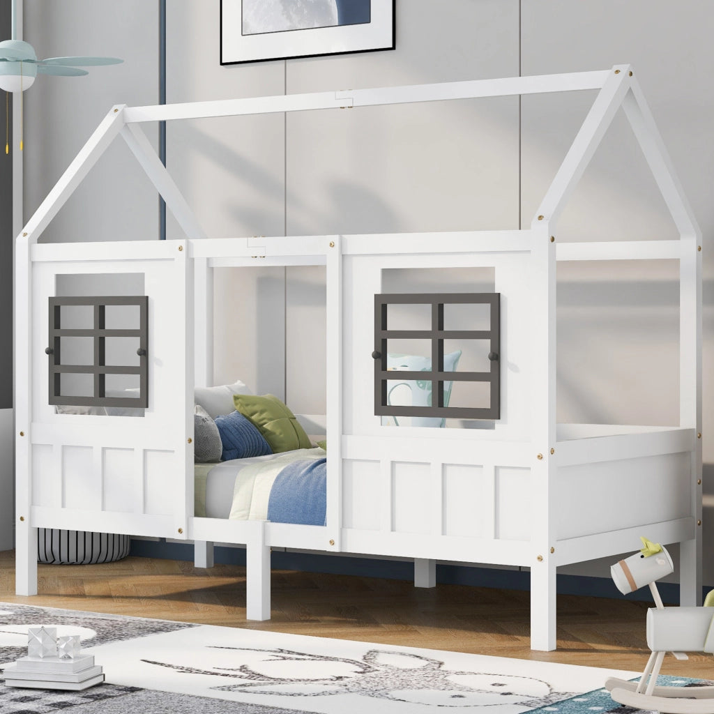 Letto singolo a casetta per bambini con 2 finestre 200x90 cm in legno massello e MDF bianco