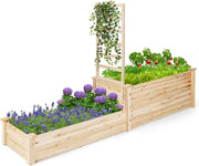 Fioriera Rialzata con Graticcio, Letto da Giardino di Legno a 2 livelli con Fondo Aperto per Verdure, Fiori, Erbe e Frutta, Aiuola Rettangolare per Terrazzo, Giardino e Orto