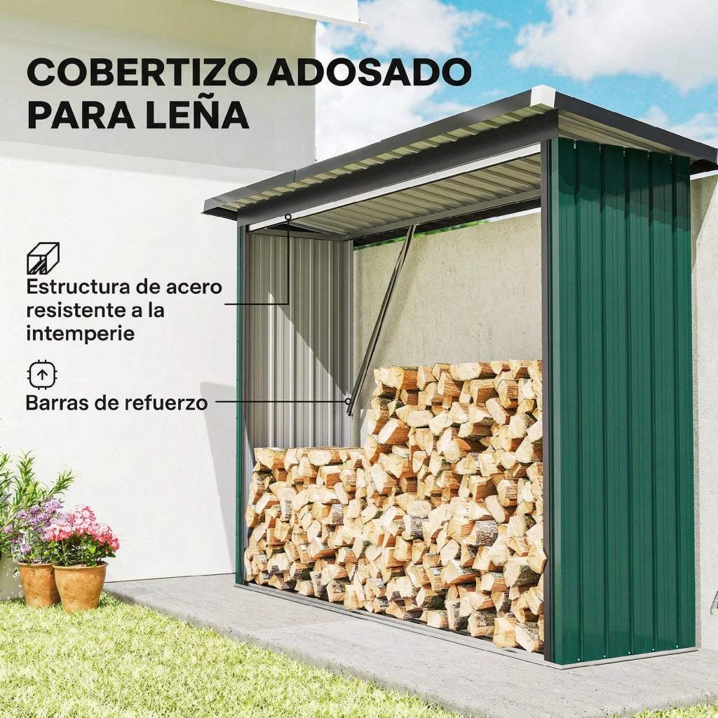 Casetta per Legna in Acciaio Galvanizzato con Base Elevata e Tetto Inclinato ¨C zephmum ¨C Verde 213x66,5x150 cm