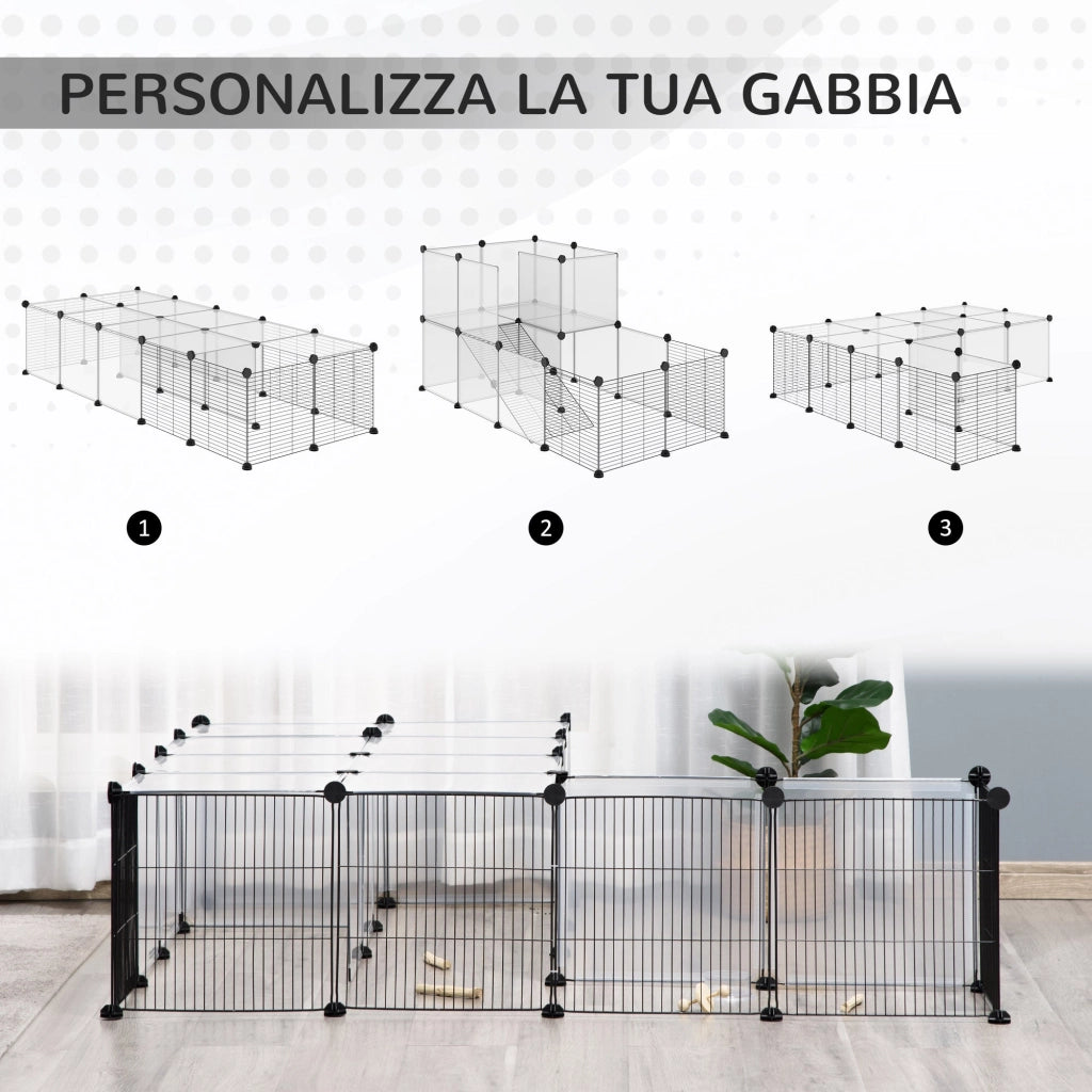Recinto per Animali Modulabile 140x70x70 cm con Pannelli 35x35 cm in Acciaio e PP Nero