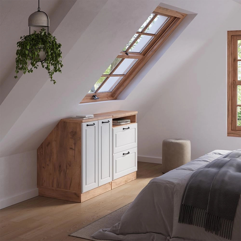 Set di mobili sottotetto Rion, Bianco casa di campagna, 120 cm Set di 2 carcasse armadio profondità 60 cm, adatto per il salvaspazio sotto tetti spioventi