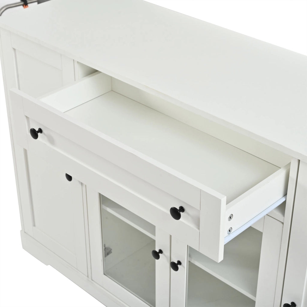 Credenza a quattro ante, mobile da ingresso, 2 ante in vetro, con cassetti, 138 x 40 x 83 cm, bianca