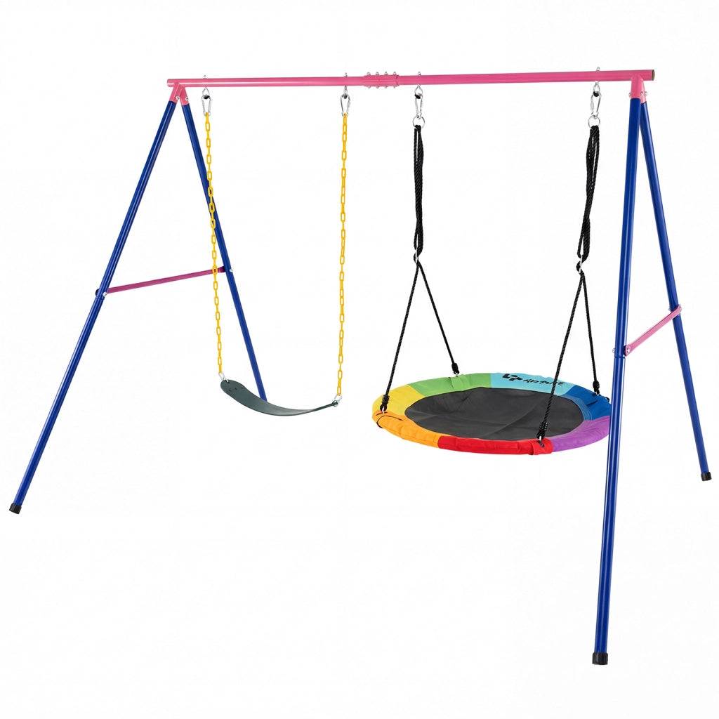 Set altalene per bambini con supporto a telaio, Altalena elastica e a disco volante con corde regolabili per cortile giardino parco