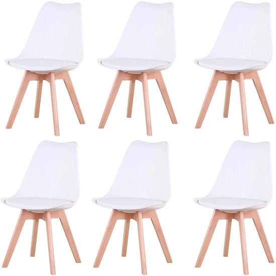 Set di 6 sedie da pranzo - Sedie da pranzo medievali nordiche - Sede con imbottitura - Gambe in legno di betulla - Bianco