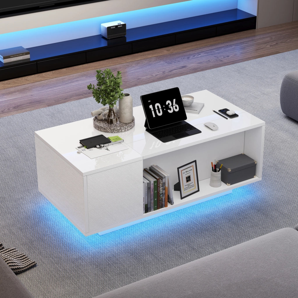 Tavolino da caffè alzabile 100x50x40 cm con contenitore; cassetto e LED Bluetooth; bianco