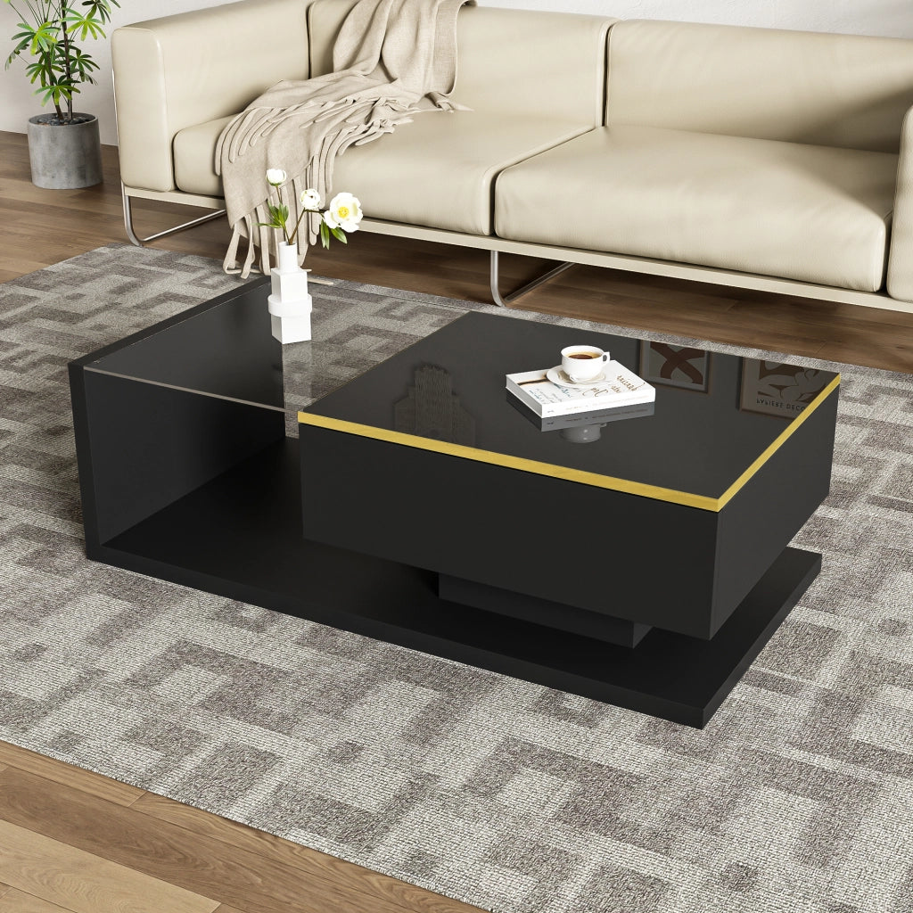 Tavolino Da Caffè 100 cm con Piano in Vetro e LED 16 Colori con App Bluetooth; Nero Lucido; in Truciolare; 100×50×32;5 cm