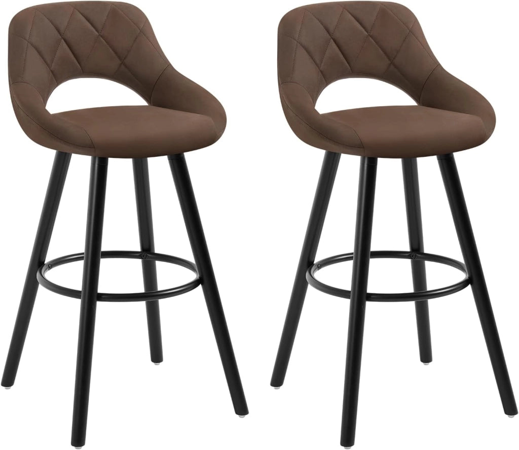 Sgabelli da Cucina Set di 2, Sgabello da Bar per Colazione, Sgabelli Alti con Poggiapiedi e Schienale, Sedile in Tessuto Tecnico+Gambe in Legno, Marrone Scuro, BH291dbr-2