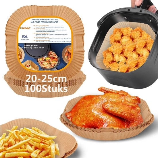 Papier per Air Fryer 20-25cm, 100 pezzi - Carta per Frittura ad Aria, non-stick, per Frittura, Frittura, Grilling e Resistente all'Olio - Quadrata