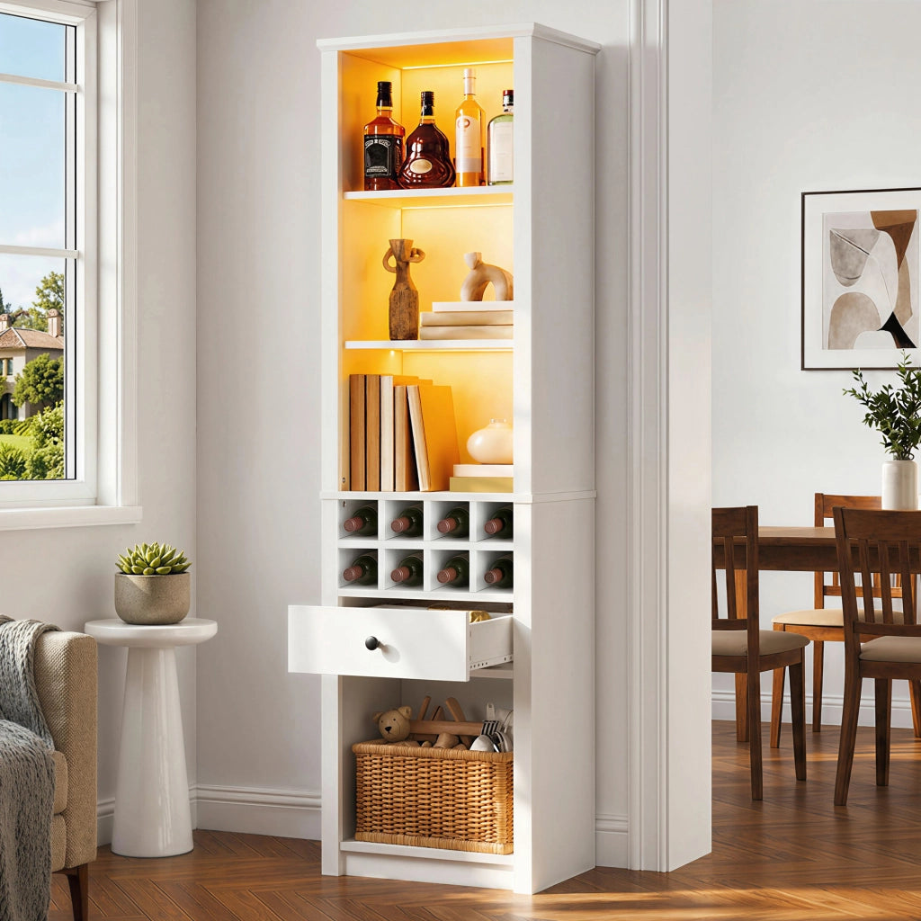 Credenza alta con 1 cassetto; 12 vani e LED - per soggiorno - in MDF - 55×40×200 cm
