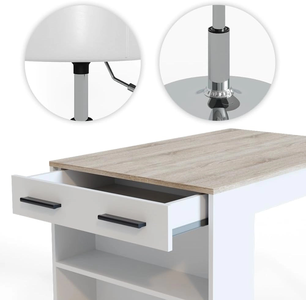 Set tavolo da pranzo Repose, Sonoma/Bianco, 67 x 100 cm con 2 sgabelli, adatto come piano di lavoro o area di appoggio aggiuntiva