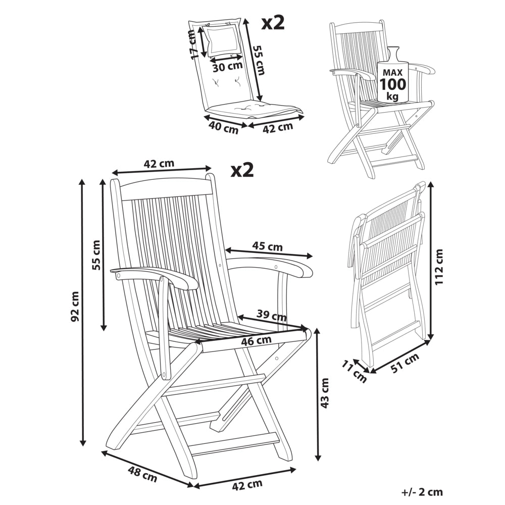 Set di 2 sedie da pranzo da giardino Legno chiaro con cuscino grigio Struttura in legno di acacia Design rustico pieghevole