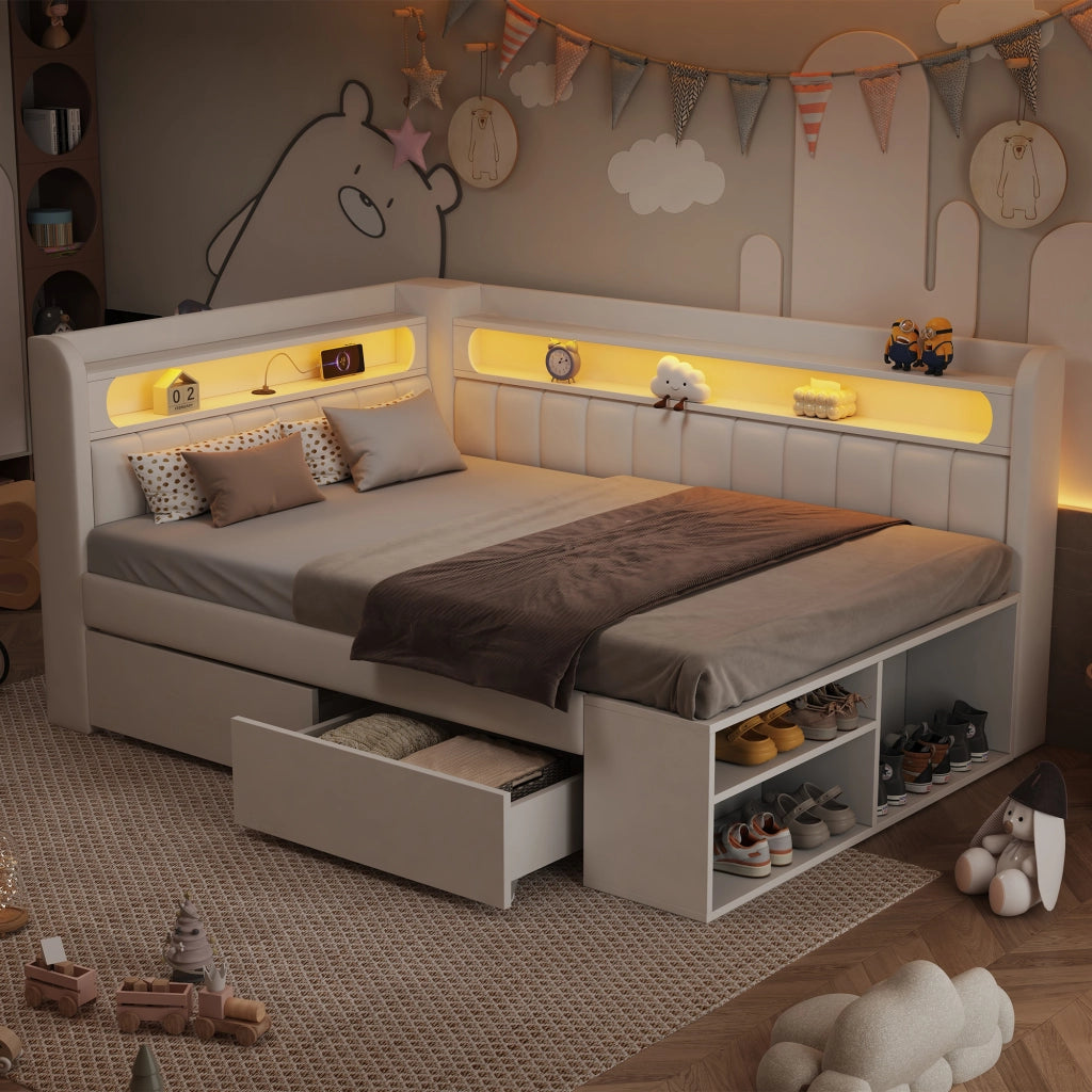 Divano letto imbottito con USB LED 7 colori armadietto portascarpe e 2 cassetti in MDF e tessuto bianco 90 × 200 cm