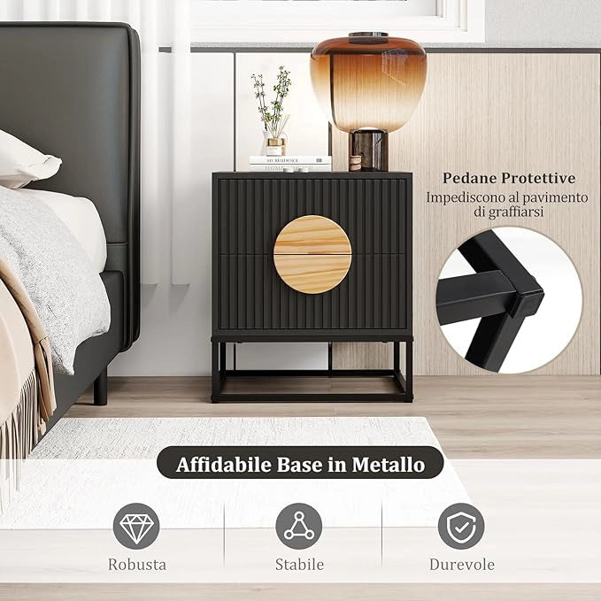 Comodino a 2 Cassetti, Tavolino con Maniglie in Legno di Pino e Struttura in Metallo, Cassettiera Salvaspazia Moderna per Camera da Letto e Soggiorno, 48 x 40 x 55 cm