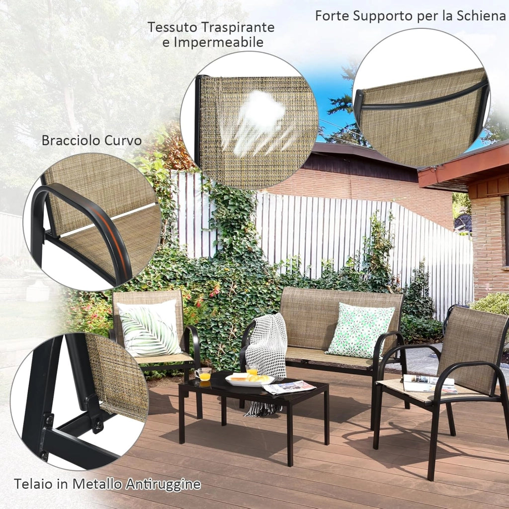Set da Giardino con 4 Pezzi, Set da Giardino per Chiacchierare, Sedie da Giardino con Tavolino in Vetro, con Struttura Resistente in Ferro, Tessuto a Rete Traspirante (Marrone)