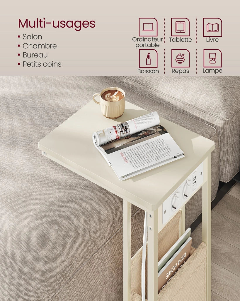 Tavolino/comodino 30 x 40 x 62 cm con multipresa tavolino a C per piccoli spazi 2 porte USB e prese piedini regolabili per camera da letto/soggiorno bianco 12_0007573