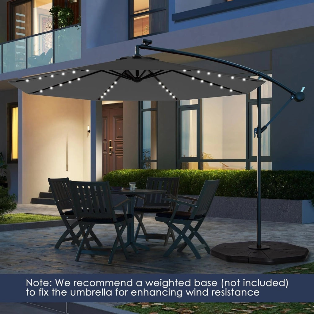 Ombrellone da Giardino 3m con Luci Solari, Ombrellone da Patio Anti UV con Base Croce, Ombrellone a Manovella da Esterno con Regolazione Inclinazione per Cortile, Piscina