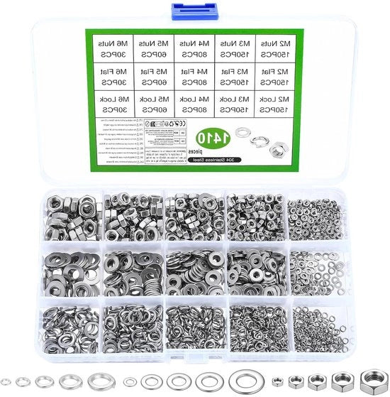 Assortimento di anelli di chiusura, viti a 6 facce e viti di regolazione in acciaio inossidabile - 1410 pezzi - Argento - Adatto per M2 fino a M6 - Diverse misure