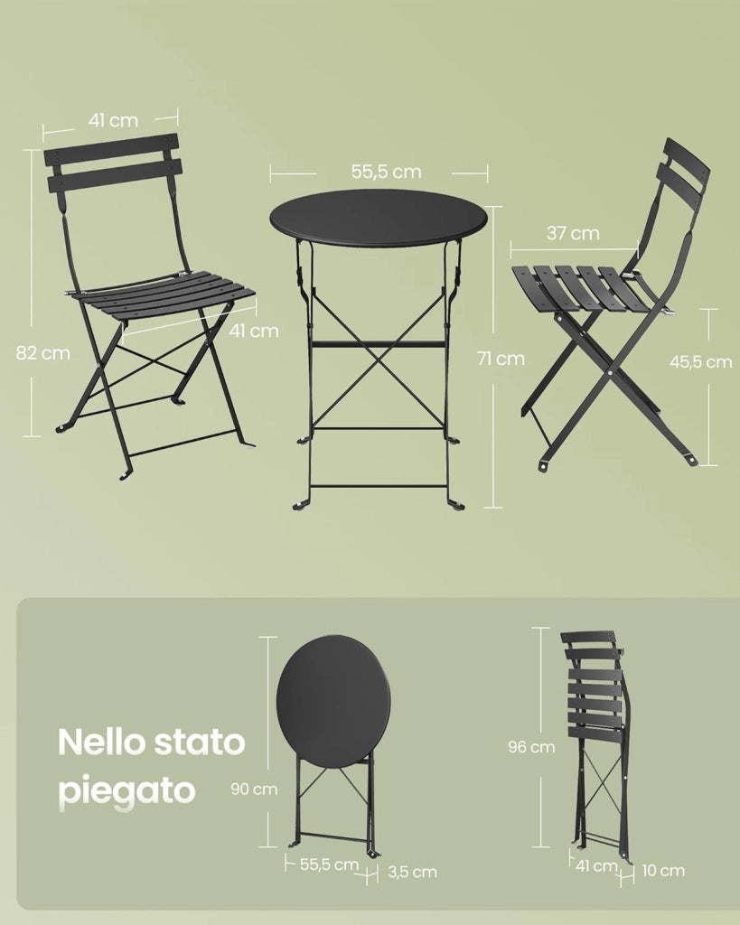 SONGMICS Set da Giardino da Esterno, 3 Pezzi, 2 Sedie, 1 Tavolo, Pieghevole, Salottino da Esterno, Acciaio, Resistente alle Intemperie, per Balcone, Terrazza, Nero Inchiostro GGF036BZ01