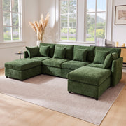Divano Modulare Angolare con Poggiapiedi e Cuscini in Tessuto Chenille ¨C MINIMAL ¨C Verde
