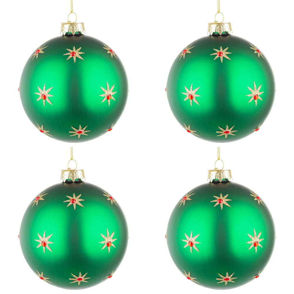 Palline di Natale in Vetro Verde con Stelle Oro Astral Diametro: 100 mm