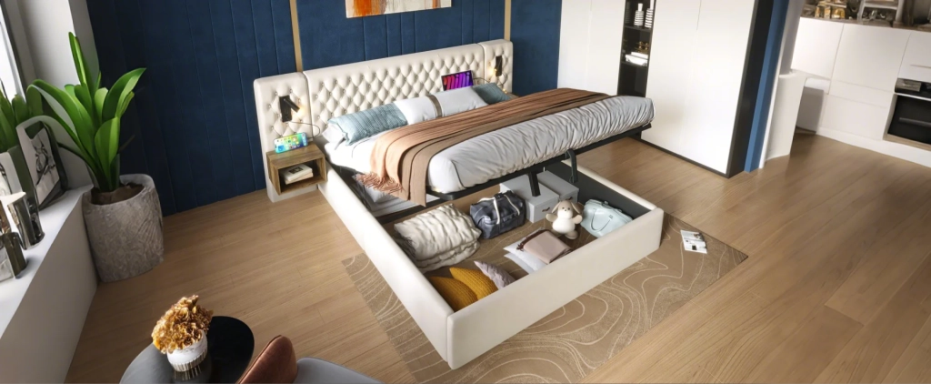 Letto matrimoniale 160x200 cm in velluto beige con 2 comodini, luci lettura, USB Type-C e materasso incluso