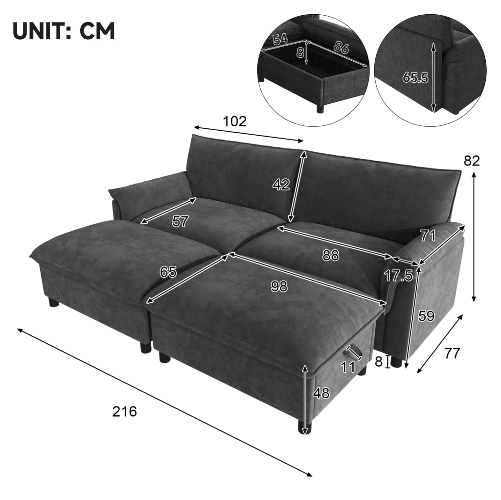 Divano in ciniglia grigio con pouf contenitore, 216 cm