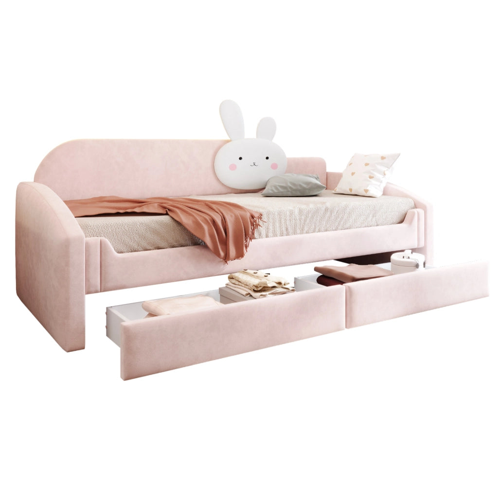 Letto imbottito per bambini 90x200 cm con 2 cassetti; LED; velluto rosa