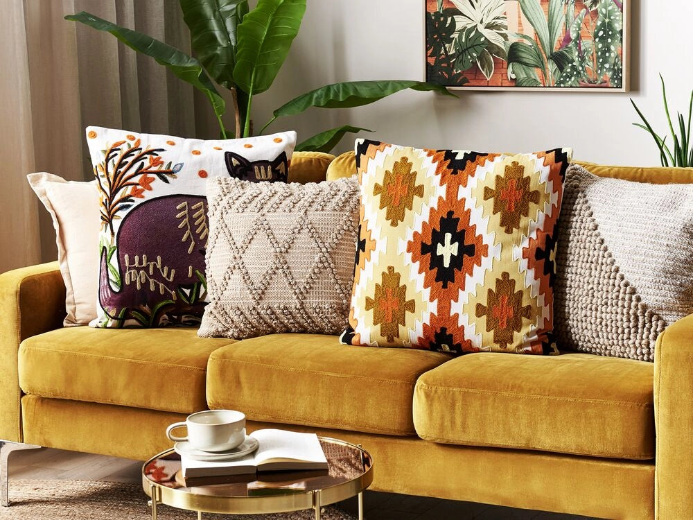 Set di 2 cuscini decorativi in cotone multicolore 50 x 50 cm motivo geometrico ricamato a mano sfoderabile con imbottitura in stile boho